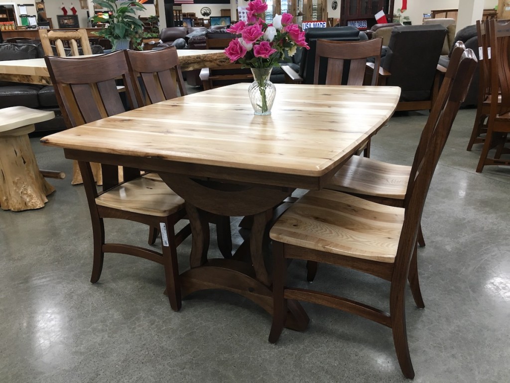 Rustic hickory with deluxe two tone chairs amish traditions, benchcraft, broadway furniture